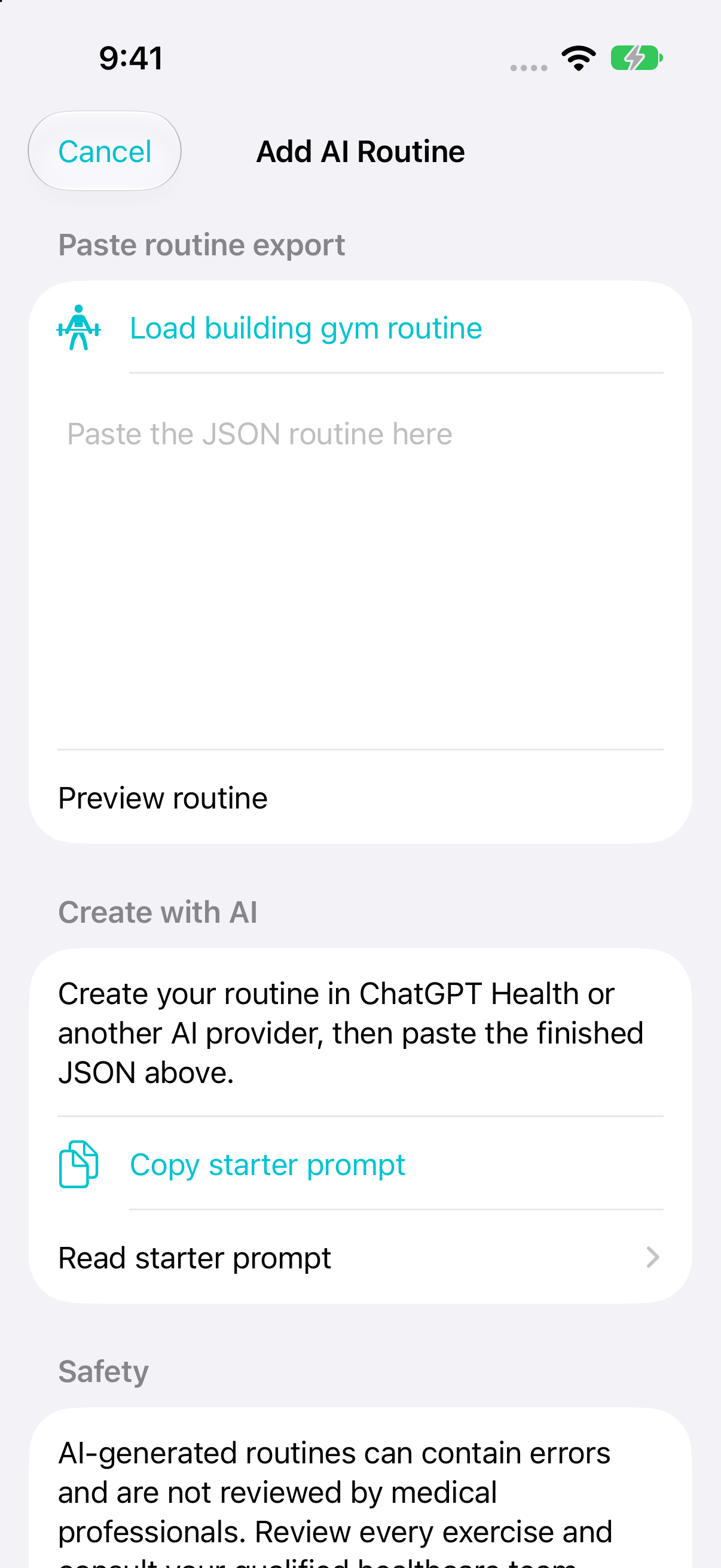 MS Gym Companion AI-assisted routine import and review screen