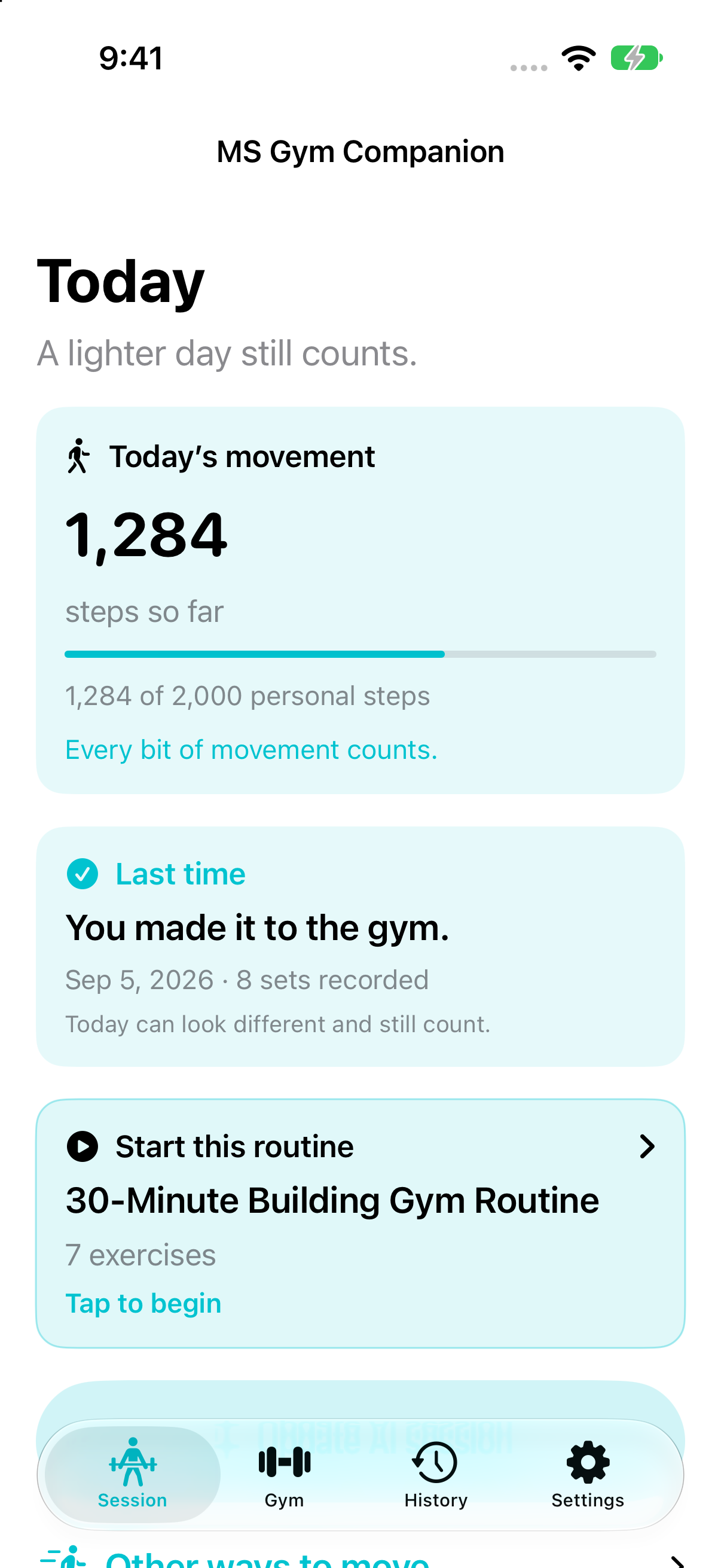 MS Gym Companion Today screen with movement, last-session, and routine context