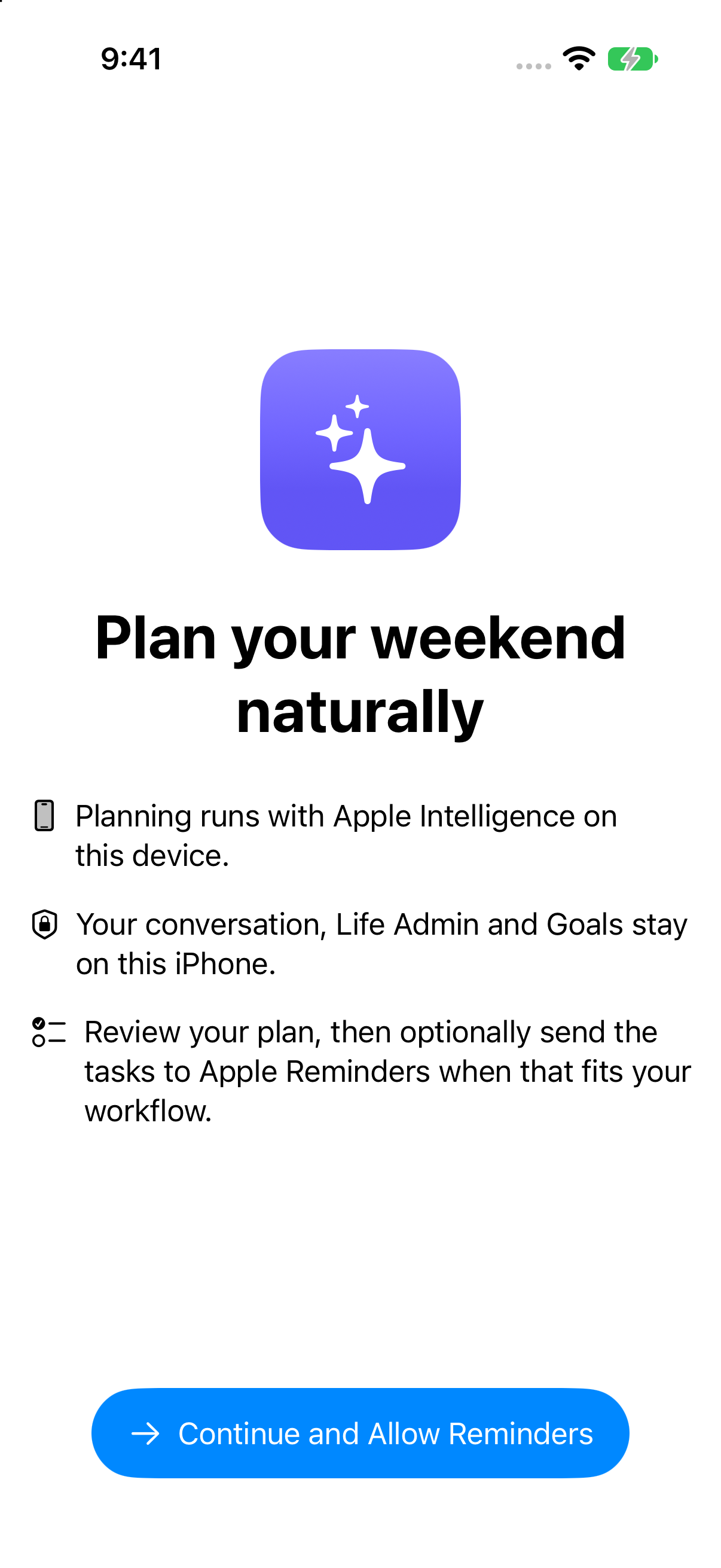 Weekend Tasks onboarding explaining on-device planning, local data, and optional Reminders