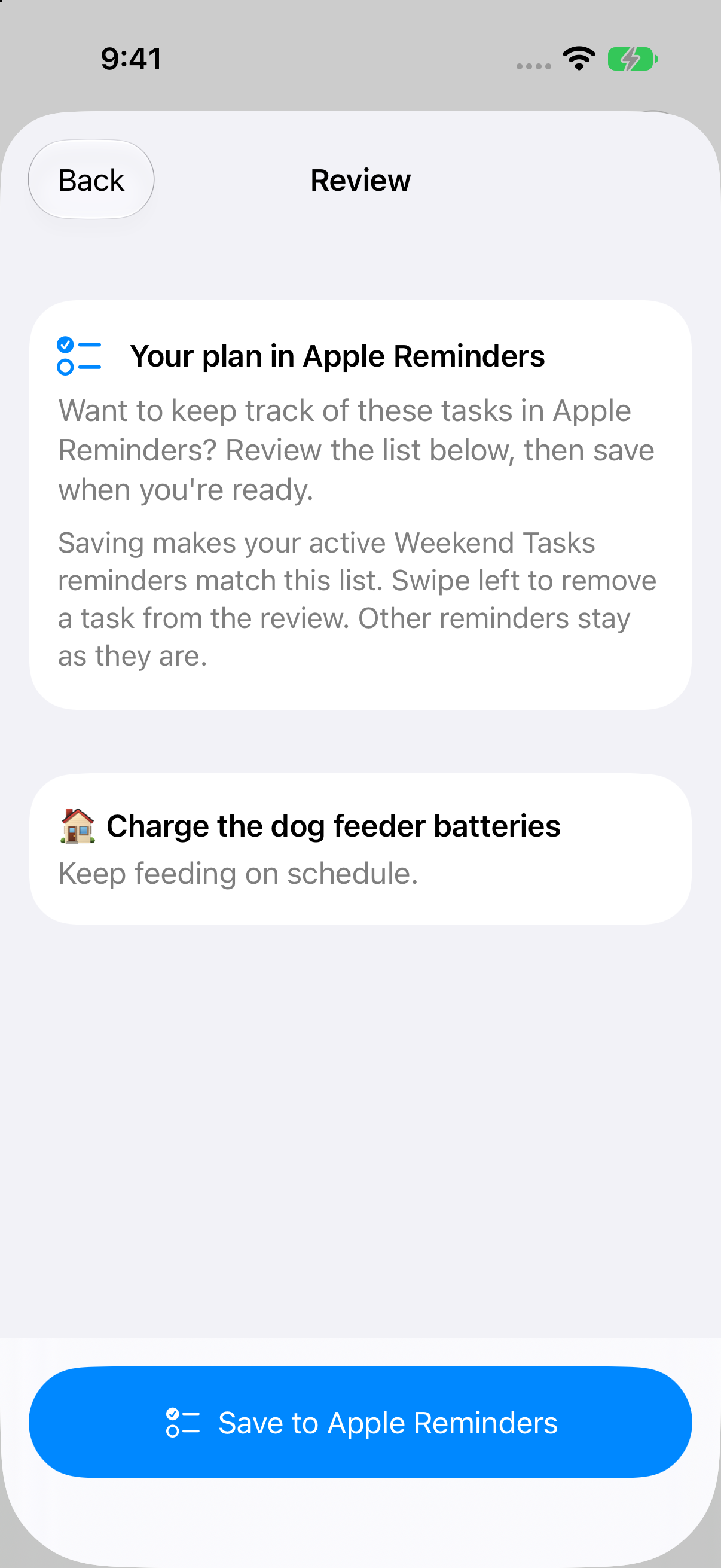 Weekend Tasks review screen showing a proposed task before it is saved to Apple Reminders